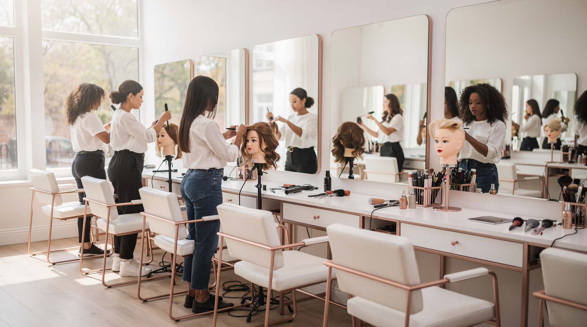 Students practicing beauty techniques in a bright cosmetology classroom